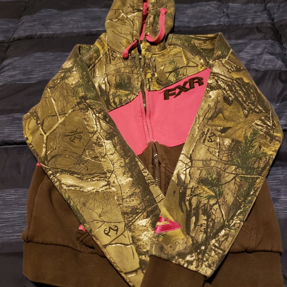 FXR camo and pink zip up hoodie